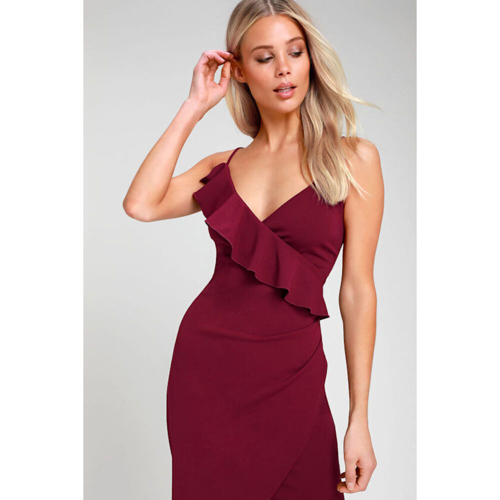 Lulus Keep On Flourishing Burgundy Ruffled Asymmetrical Bodycon Dress Red